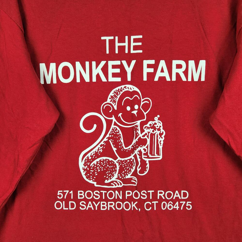 Monkey Farm Shirt Mens Large Red Old Saybrook CT Bar Beer Long Sleeve Graphic